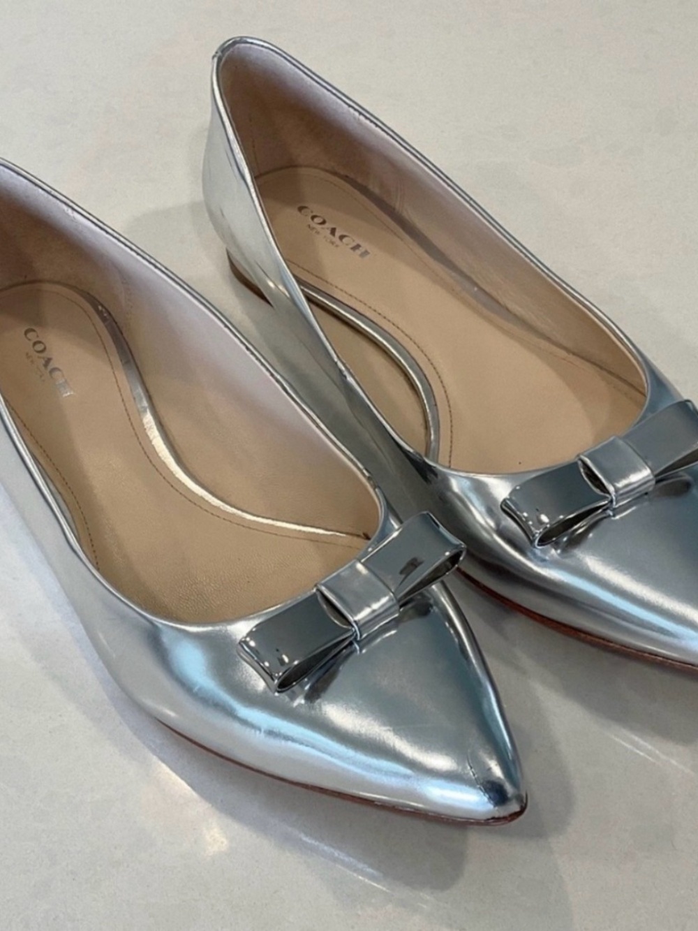 Coach Metallic Silver Pointed-Toe Bow Flats
